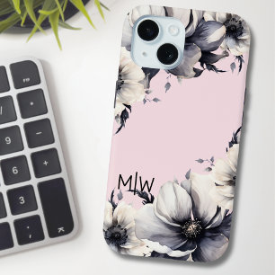 Blush Pink Floral Initiaal Monogram iPhone 15 Case