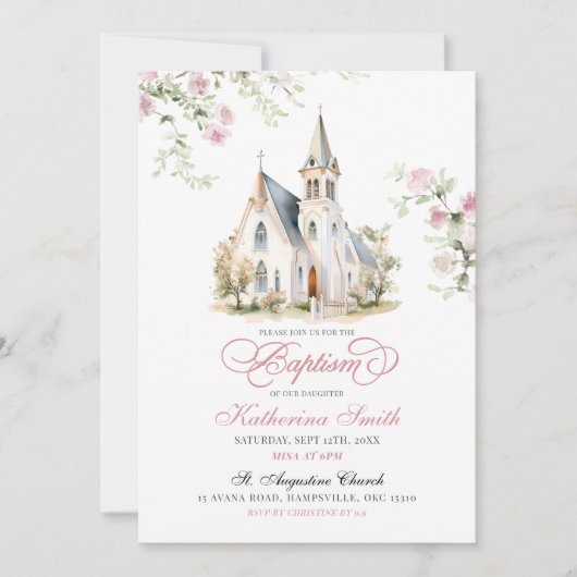 Blush Pink Floral Klassieke Kerk Doop Kaart (Voorkant)