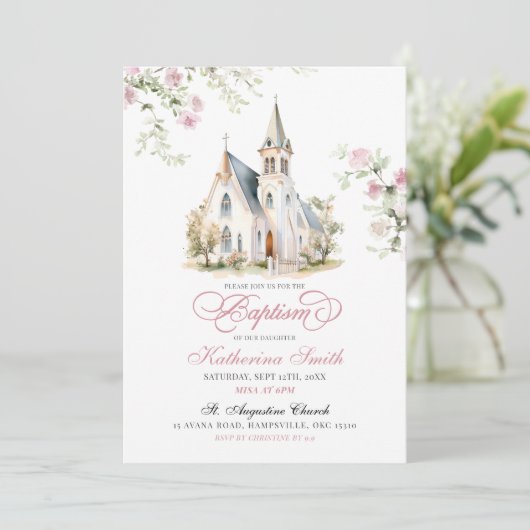 Blush Pink Floral Klassieke Kerk Doop Kaart (Staand voorkant)