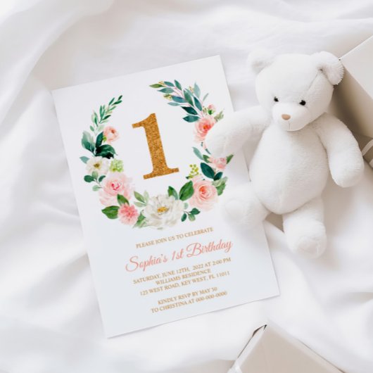 Blush Pink Floral krans 1e verjaardag uitnodiging