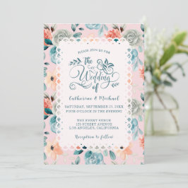 Blush Pink Floral Lace Elegant Wedding Calligraphy Kaart