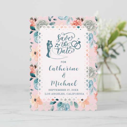 Blush Pink Floral Lace Elegant Wedding Calligraphy Kaart (Staand voorkant)