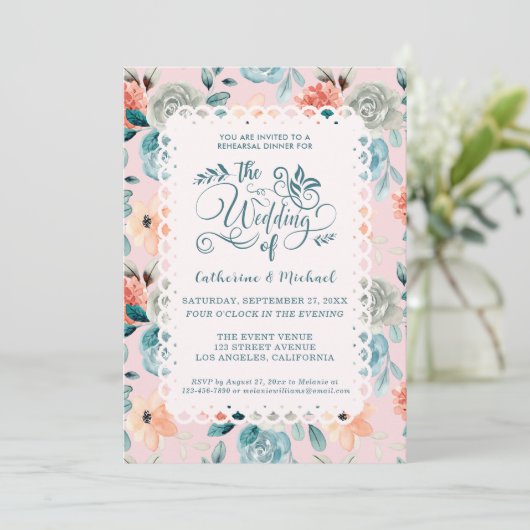 Blush Pink Floral Lace Elegant Wedding Calligraphy Kaart (Staand voorkant)