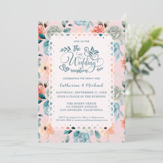 Blush Pink Floral Lace Elegant Wedding Calligraphy Kaart (Staand voorkant)