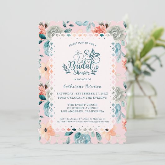 Blush Pink Floral Lace Elegant Wedding Calligraphy Kaart (Staand voorkant)
