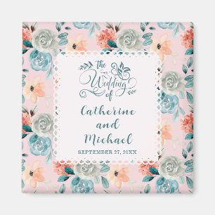 Blush Pink Floral Lace Elegant Wedding Calligraphy Magneet