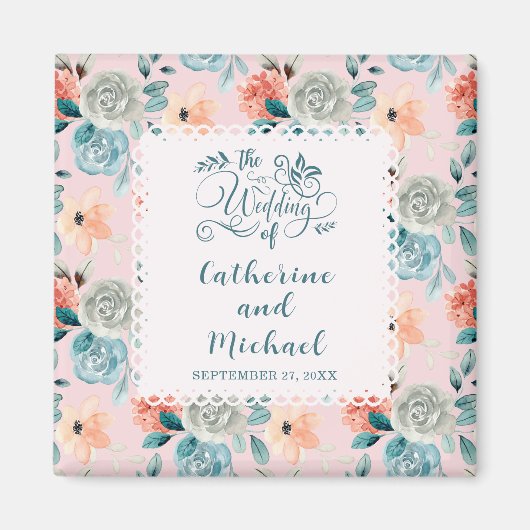 Blush Pink Floral Lace Elegant Wedding Calligraphy Magneet (Voorkant)