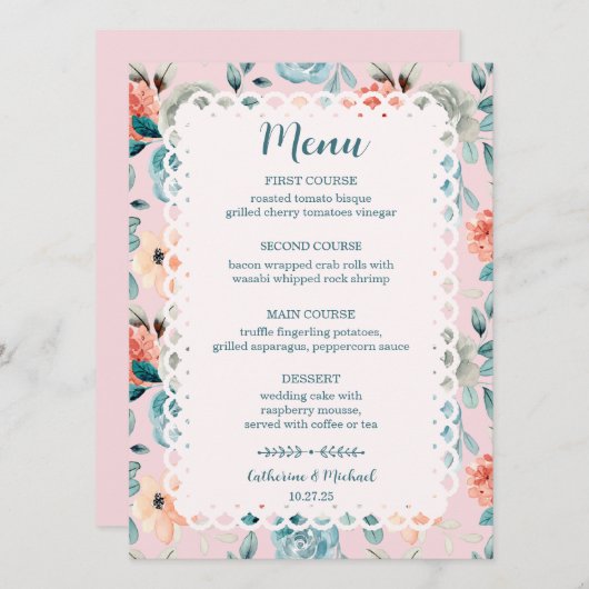 Blush Pink Floral Lace Elegant Wedding Calligraphy Menu (Voorkant / Achterkant)