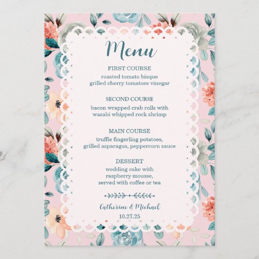 Blush Pink Floral Lace Elegant Wedding Calligraphy Menu (Voorkant)