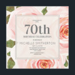 Blush Pink Floral Leaves 70th Birthday Women Kaart<br><div class="desc">70e verjaardagsfeestdag voor vrouwen met een prachtig blauw roze waterverf floral and green leaf design. Deze uitnodigingen zijn precies wat je nodig hebt voor de lente of de zomerverjaardag. Gebruik ze voor een thee- of tuinfeest. Pas uw uitnodiging aan door de doopvonten en de formulering te veranderen om het enkel...</div>