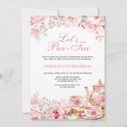 Blush Pink Floral Let's Par-Tea Verjaardag Kaart (Voorkant)