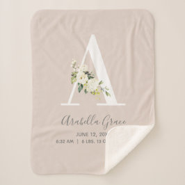 Blush Pink Floral Letter A Baby Script Birth Stats Sherpa Deken