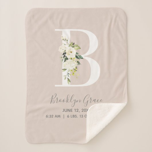 Blush Pink Floral Letter B Baby Script Birth Stats Sherpa Deken (Voorkant)