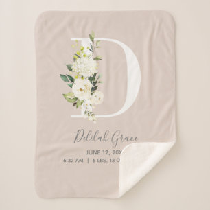 Blush Pink Floral Letter D Baby Script Birth Stats Sherpa Deken