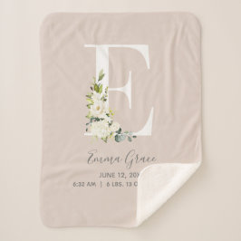 Blush Pink Floral Letter E Baby Script Birth Stats Sherpa Deken