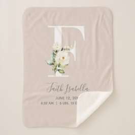 Blush Pink Floral Letter F Baby Script Birth Stats Sherpa Deken