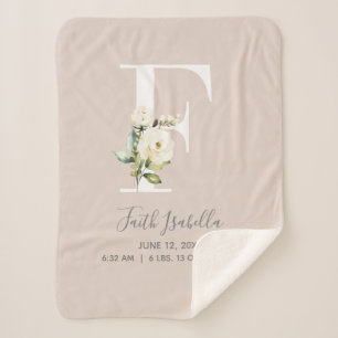 Blush Pink Floral Letter F Baby Script Birth Stats Sherpa Deken