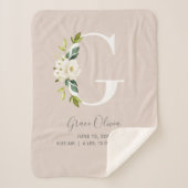 Blush Pink Floral Letter G Baby Script Birth Stats Sherpa Deken (Voorkant)