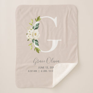 Blush Pink Floral Letter G Baby Script Birth Stats Sherpa Deken