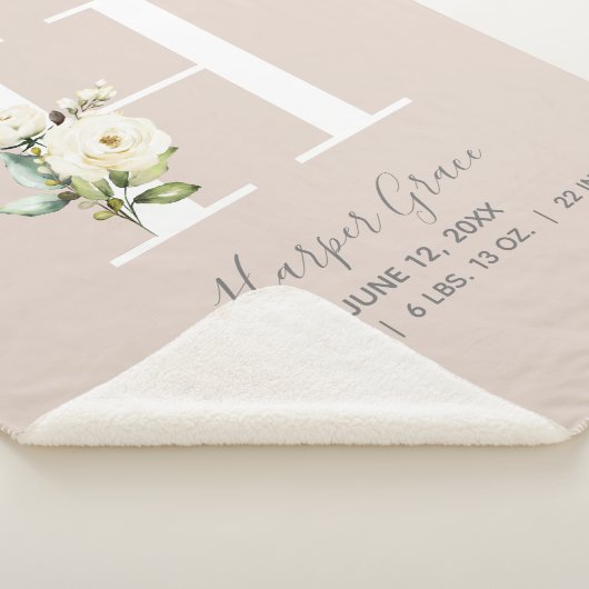 Blush Pink Floral Letter H Baby Script Birth Stats Sherpa Deken (3/4)