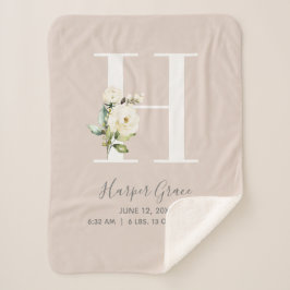 Blush Pink Floral Letter H Baby Script Birth Stats Sherpa Deken
