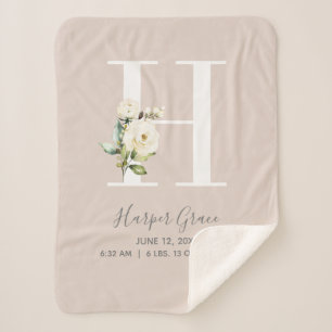 Blush Pink Floral Letter H Baby Script Birth Stats Sherpa Deken