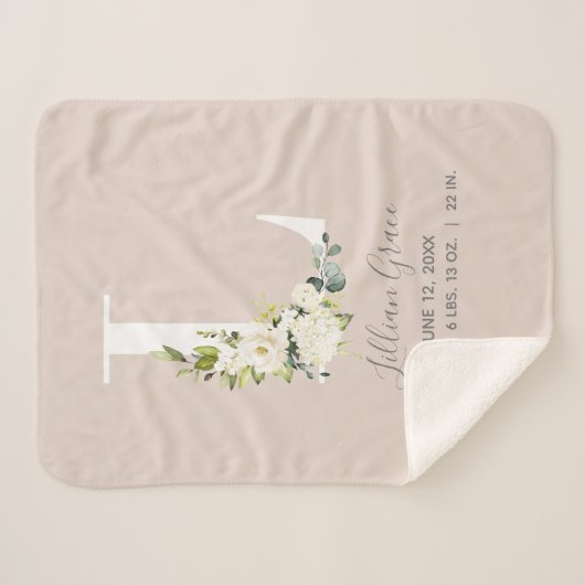 Blush Pink Floral Letter L Baby Script Birth Stats Sherpa Deken (Voorkant (horizontaal))
