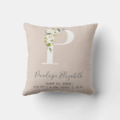 Blush Pink Floral Letter P Baby Script Birth Stats Kussen (Achterkant)