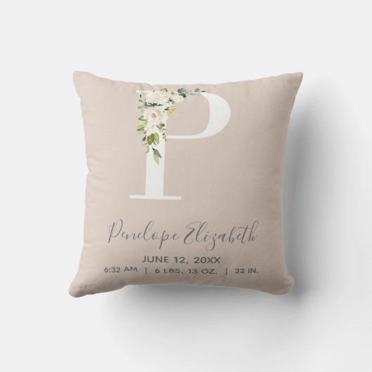 Blush Pink Floral Letter P Baby Script Birth Stats Kussen (Achterkant)
