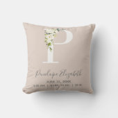 Blush Pink Floral Letter P Baby Script Birth Stats Kussen (Voorkant)