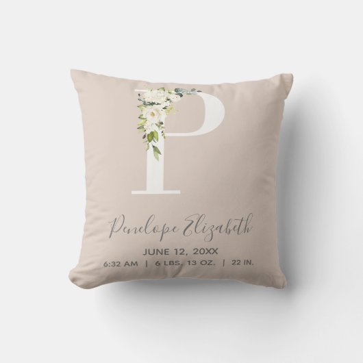 Blush Pink Floral Letter P Baby Script Birth Stats Kussen (Voorkant)