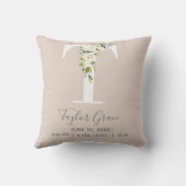 Blush Pink Floral Letter T Baby Script Birth Stats Kussen (Achterkant)