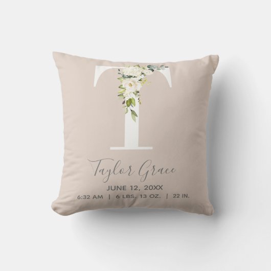 Blush Pink Floral Letter T Baby Script Birth Stats Kussen (Voorkant)