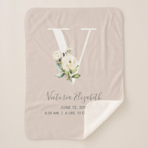 Blush Pink Floral Letter V Baby Script Birth Stats Sherpa Deken