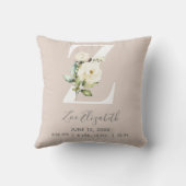 Blush Pink Floral Letter Z Baby Script Birth Stats Kussen (Achterkant)