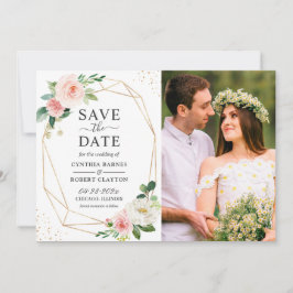 Blush Pink Floral Light Blue Gold geometric Photo Save The Date