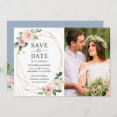 Blush Pink Floral Light Blue Gold geometric Photo Save The Date (Voorkant / Achterkant)