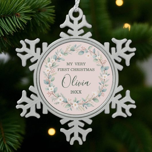 Blush Pink Floral Lijst Baby's eerste kerst Tin Sneeuwvlok Ornament