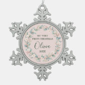 Blush Pink Floral Lijst Baby's eerste kerst Tin Sneeuwvlok Ornament (Voorkant)