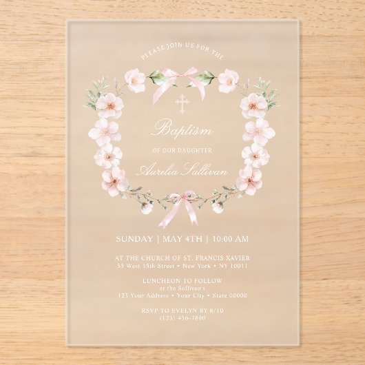 Blush Pink Floral Lijst doop Acryl Uitnodigingen (Voorkant)