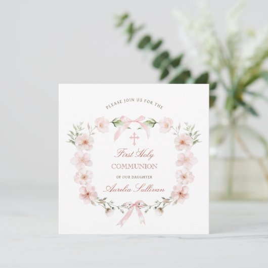 Blush Pink Floral Lijst Eerste Communie Plein Kaart (Staand voorkant)