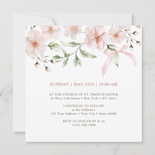 Blush Pink Floral Lijst Eerste Communie Plein Kaart (Achterkant)