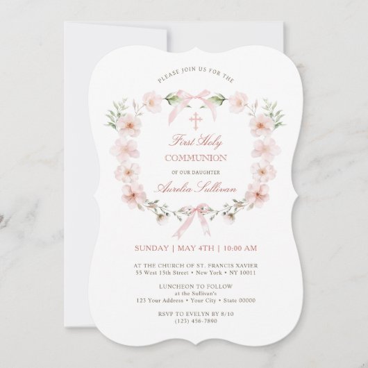 Blush Pink Floral Lijst Eerste Heilige Communie Kaart (Voorkant)