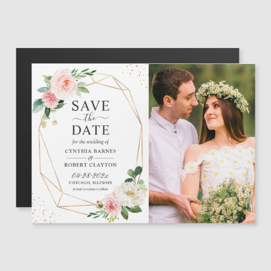 Blush Pink Floral Lijst Photo Save the Date Magnet (Voorkant / Achterkant)