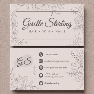 Blush Pink Floral Line Art Elegant Script Visitekaartje