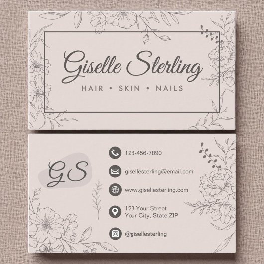 Blush Pink Floral Line Art Elegant Script Visitekaartje