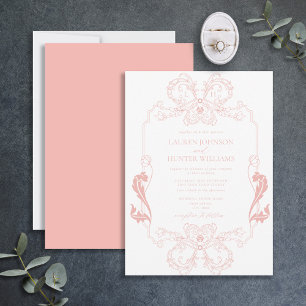  Blush Pink Floral Line Art Monogram Weddenschap Kaart