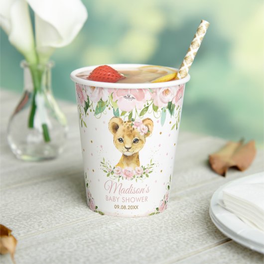 Blush Pink Floral Lion Cub Baby shower Papieren Bekers (Insitu)
