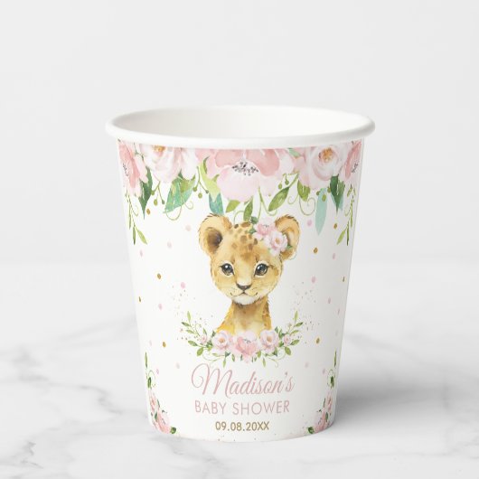 Blush Pink Floral Lion Cub Baby shower Papieren Bekers (Achterkant)
