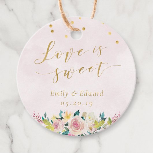 Blush Pink Floral Love is Sweet Wedloop Round Bedankjes Labels (Voorkant)